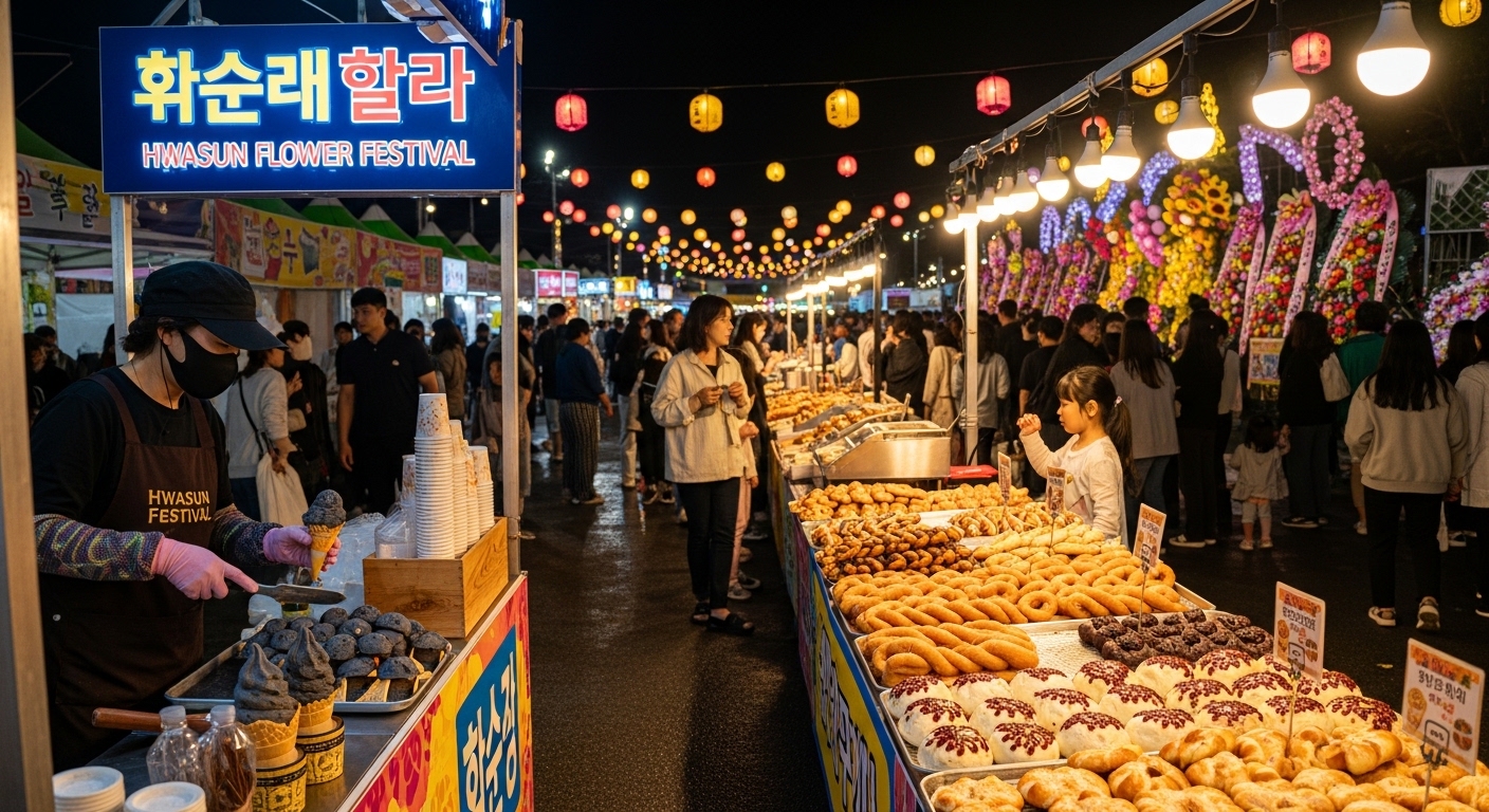야시장에서 지역 특산품과 음식을 즐기는 사람들의 생생한 모습