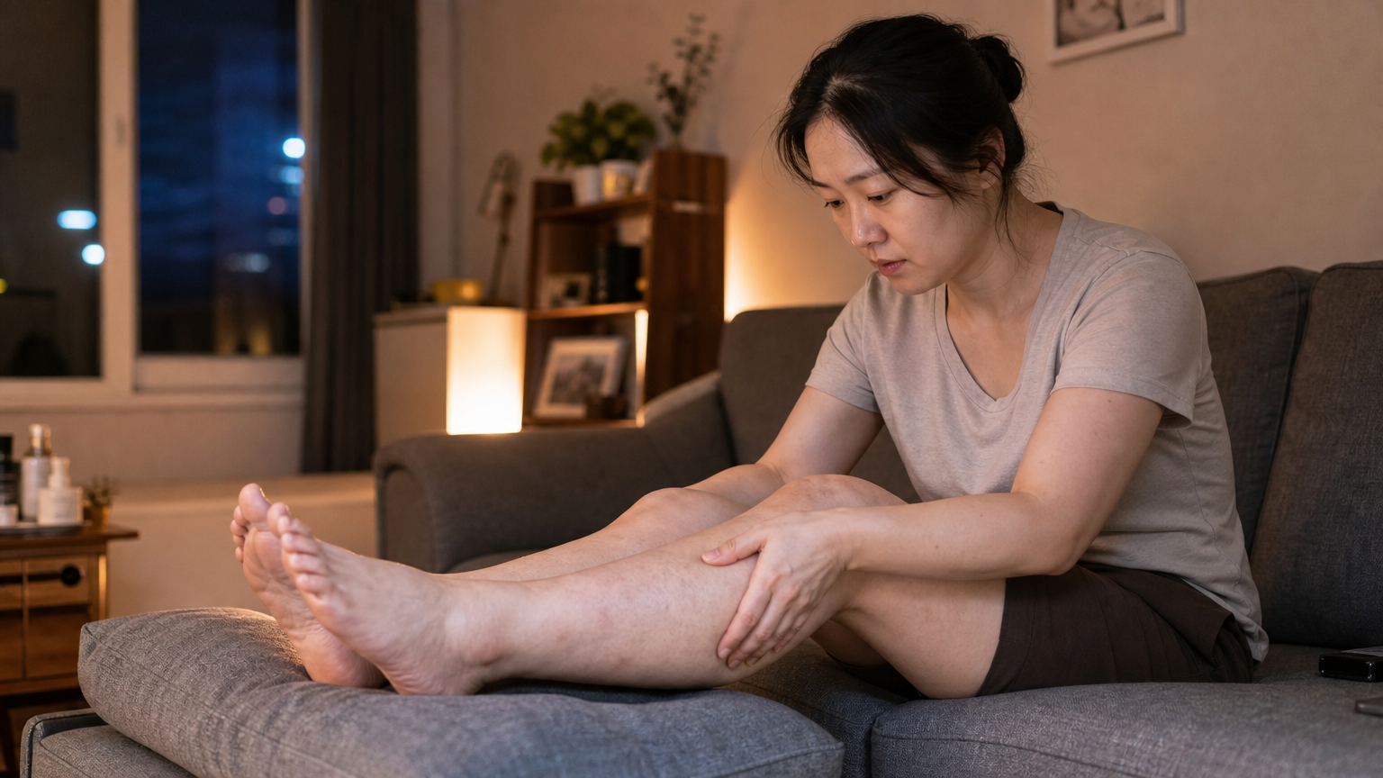 젊은 여성이 거실에서 다리를 올리고 종아리를 마사지하는 모습