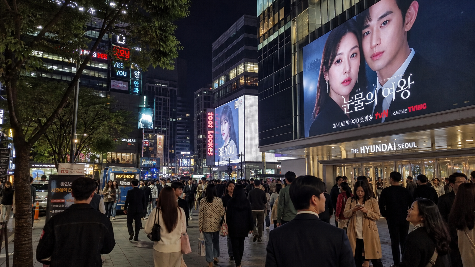 서울 거리의 밤에 드라마 광고판과 젊은 직장인들로 북적이는 풍경