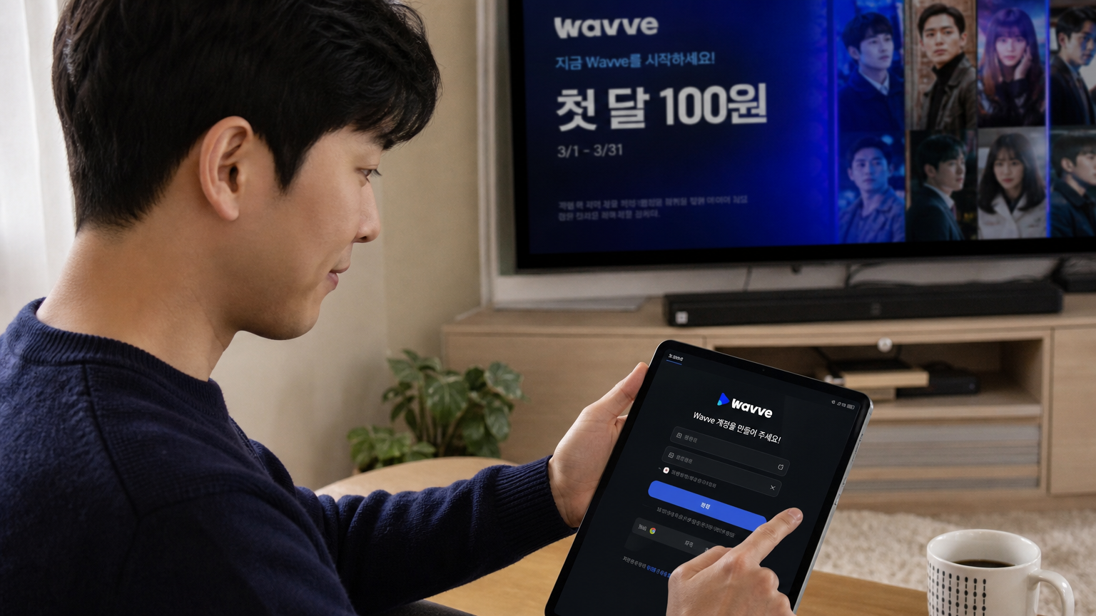 한국 남성이 태블릿으로 웨이브 계정을 설정하며 프로모션 배너가 보이는 모습