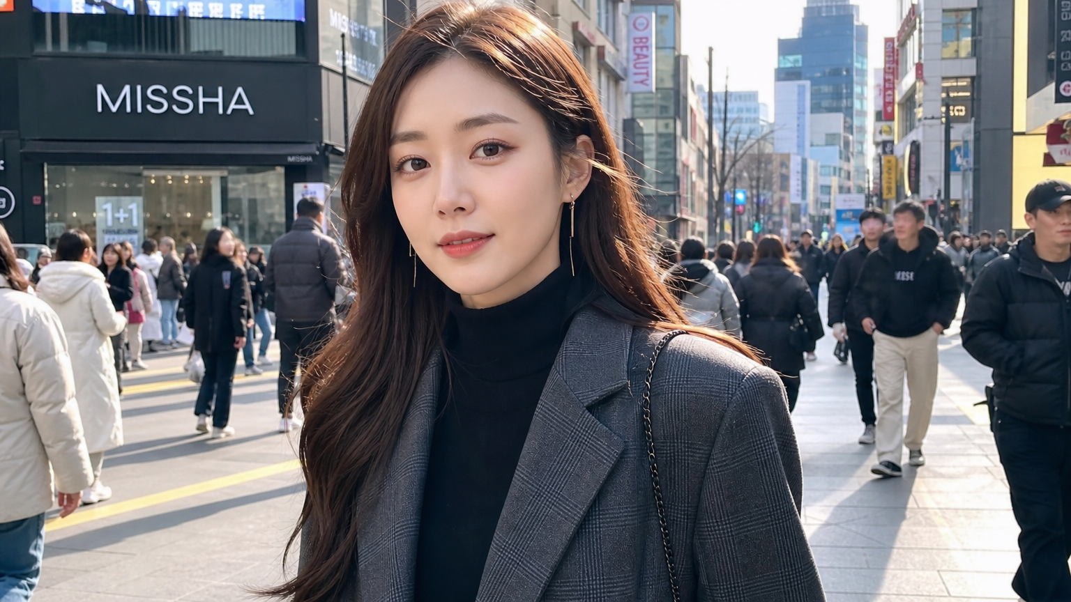 현대적인 스타일로 서울 거리를 걷는 여배우의 자신감 있는 모습