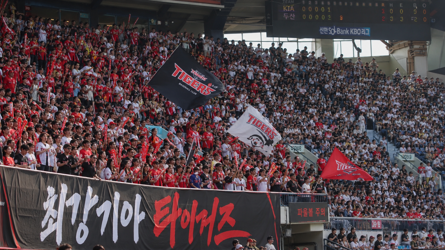 붐비는 한국 야구 경기장에서 각 팀의 색깔과 현수막으로 열렬히 응원하는 팬들