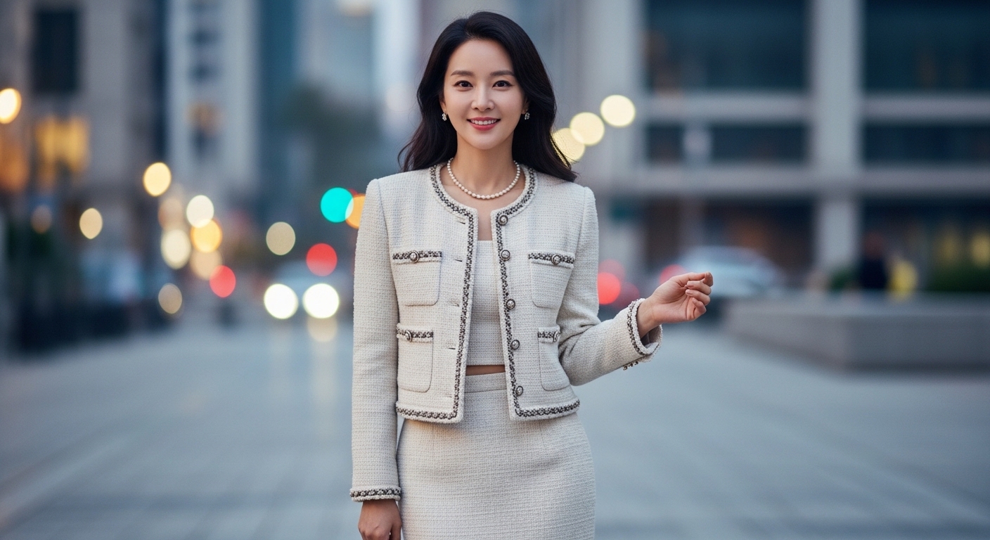 도시 배경에서 우아한 S라인 실루엣을 자랑하는 샤넬 투피스를 입은 여배우