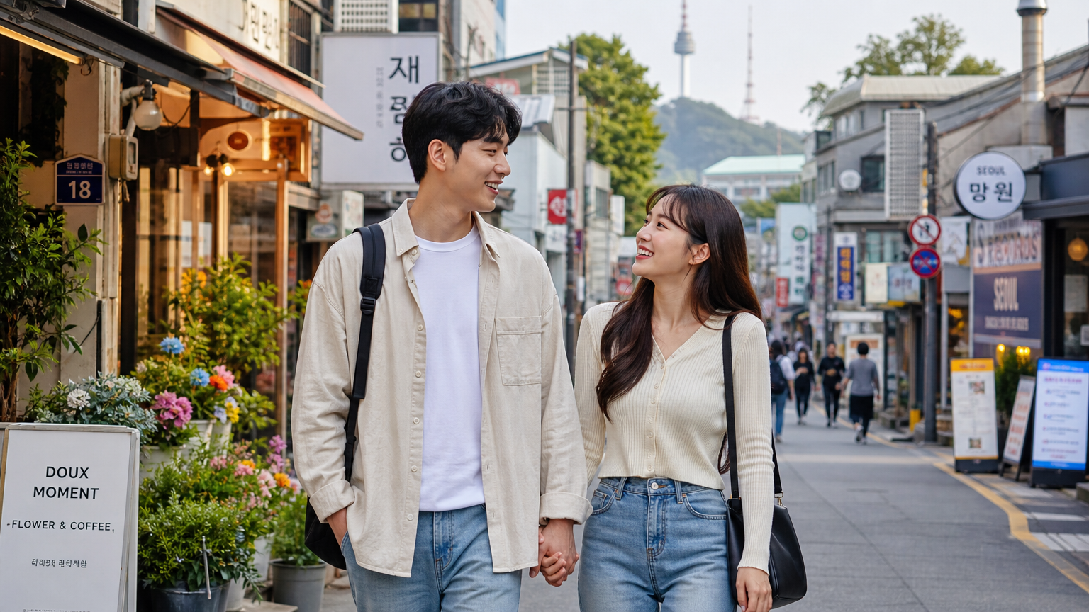 서울 거리에서 손을 잡고 미래를 이야기하는 커플