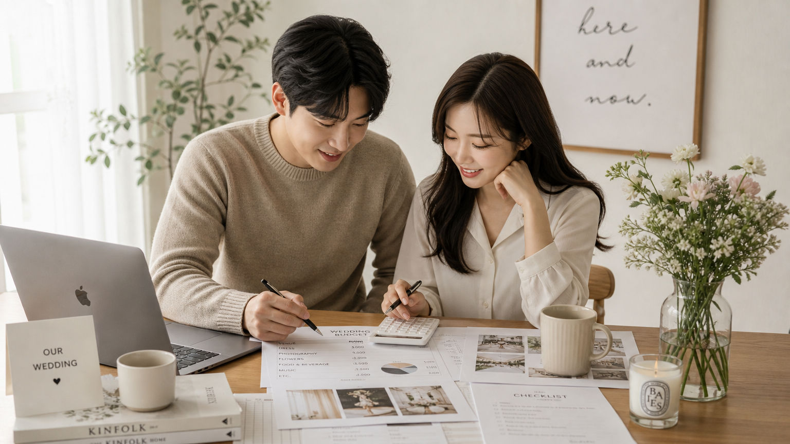 재정 문서를 펼쳐놓고 예산을 계획하는 커플