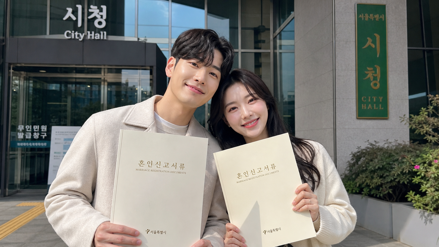 시청 앞에서 혼인신고 서류를 들고 있는 커플