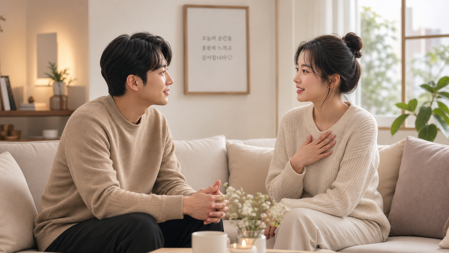 집에서 진지하게 대화를 나누며 서로 경청하는 모습