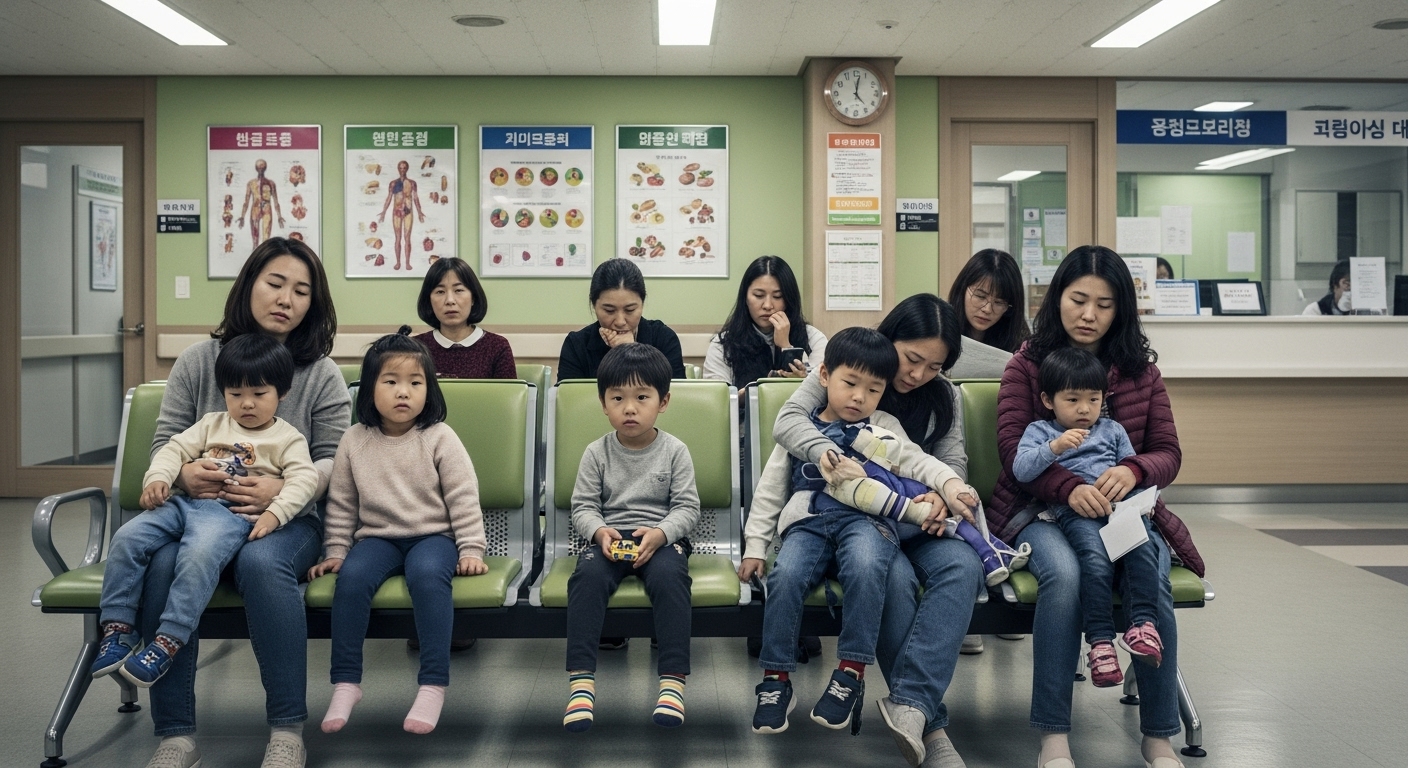 병원 대기실에서 걱정스러운 부모와 함께 있는 어린이들 모습