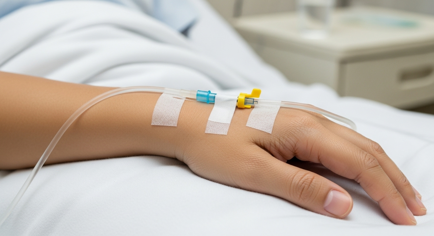병상에 누워 있는 환자의 손에 연결된 수액 주사 클로즈업