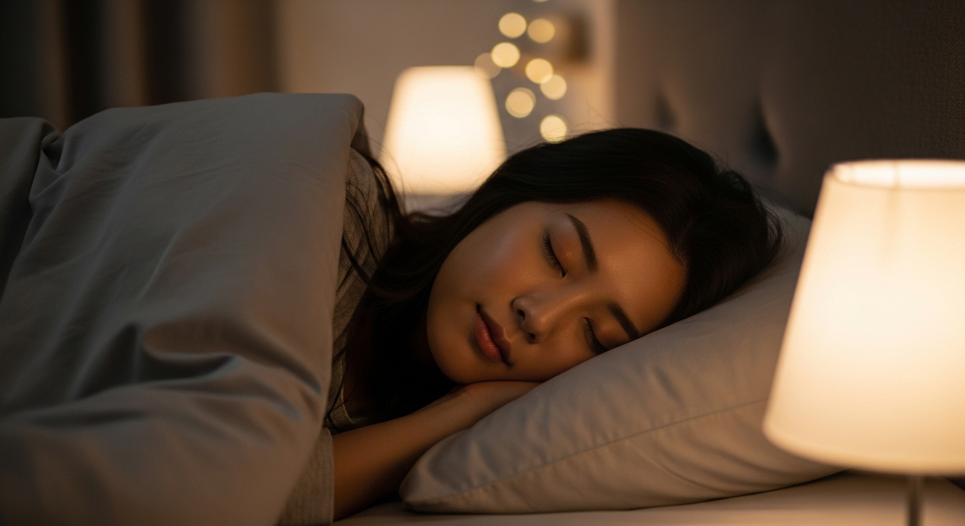 현대적인 한국 여성이 아늑한 침실에서 평화롭게 잠을 자는 모습