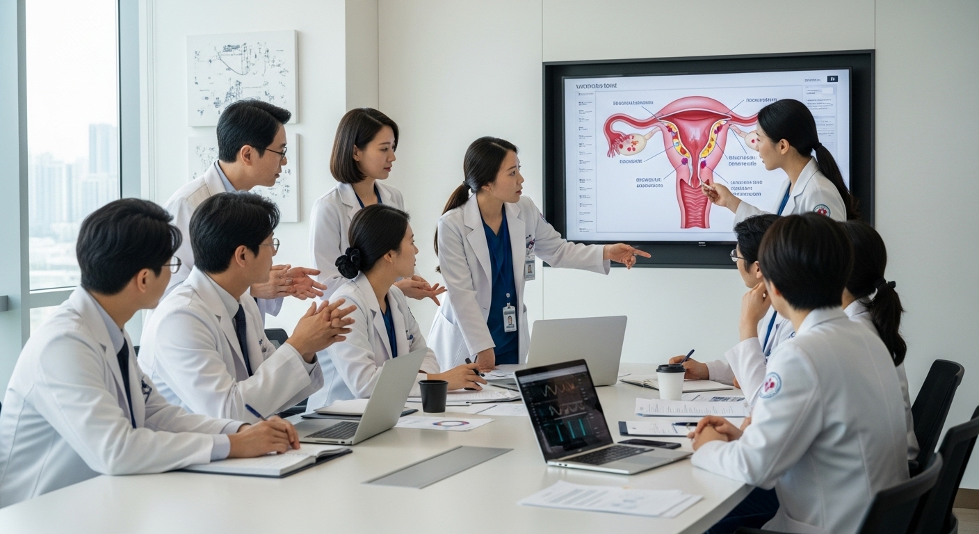 병원 회의실에서 유착 방지 전략을 논의하는 한국 의료팀