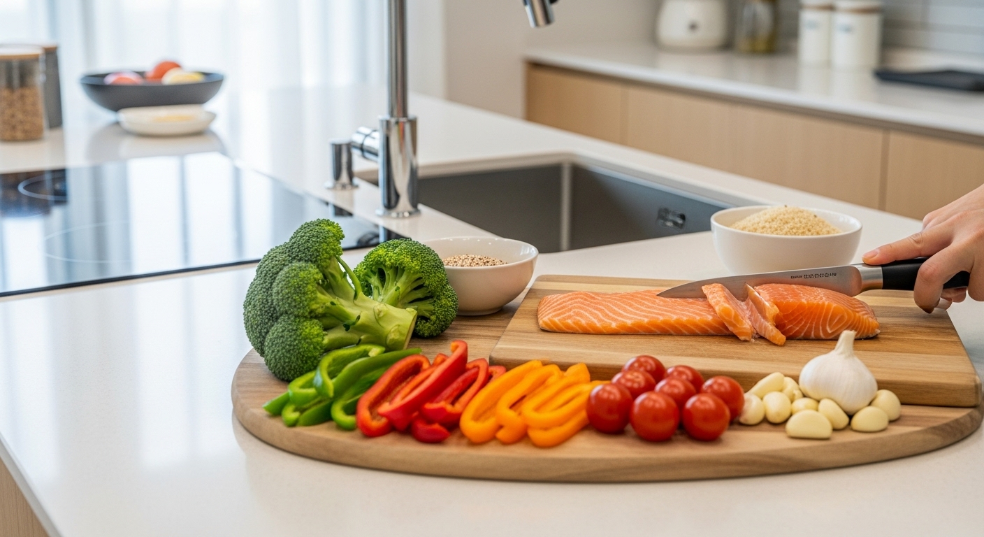현대 한국 가정에서 신선한 채소와 연어로 구성된 건강식 준비 장면