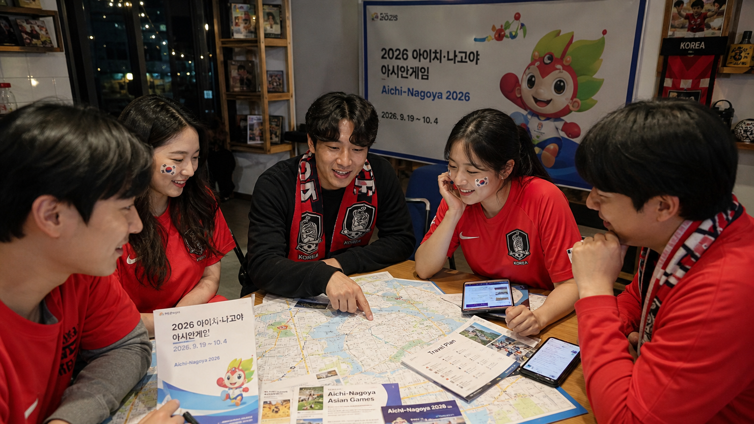 한국 축구 팬들이 2026년 나고야 아시안게임 관람을 계획하며 지도를 보고 있는 모습