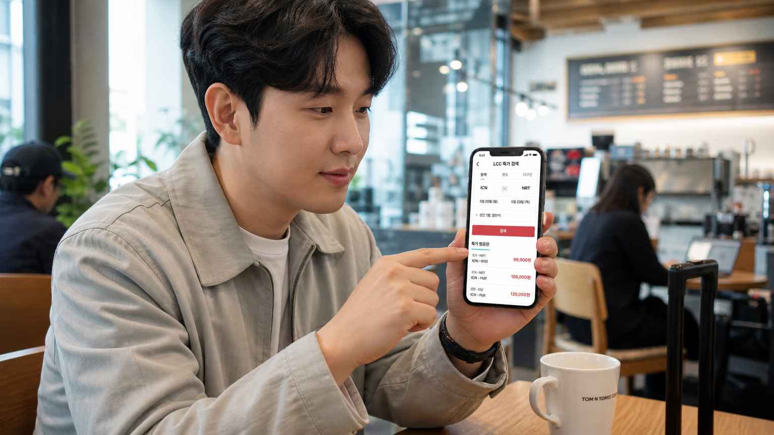 현대적인 카페에서 스마트폰 앱으로 LCC 항공권 특가를 확인하는 여행객