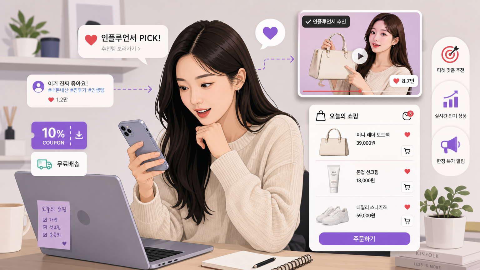 성인 남성이 노트북으로 온라인 쇼핑을 하며 인플루언서의 추천 제품에 관심을 가지는 모습