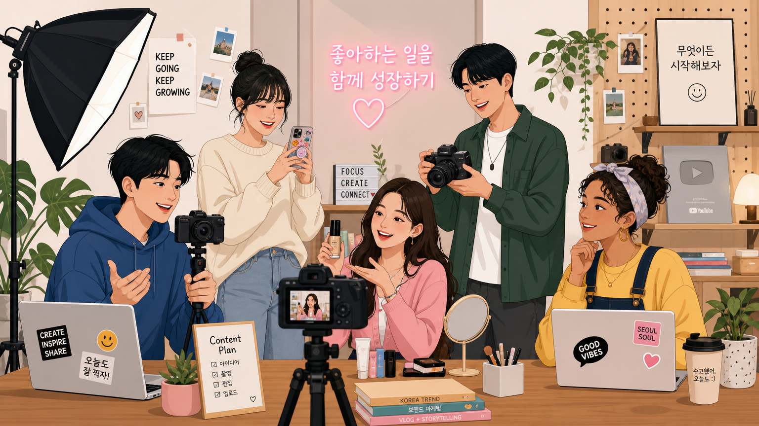 다양한 마이크로 인플루언서들이 스튜디오에서 콘텐츠를 제작하는 모습