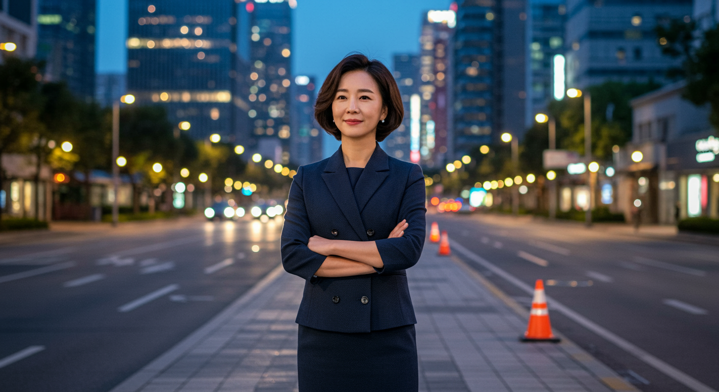 현대적인 도시를 배경으로 평온한 표정의 중년 여성이 서 있는 모습
