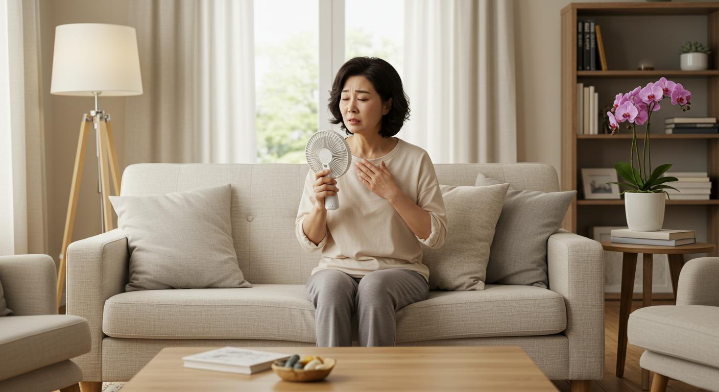 아늑한 거실 소파에 앉아 부채질하며 열감을 느끼는 한국 여성