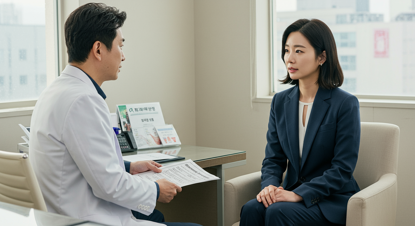의료 전문가와 호르몬 치료 옵션에 대해 논의하는 사무실에서 만난 사려 깊은 한국 여성