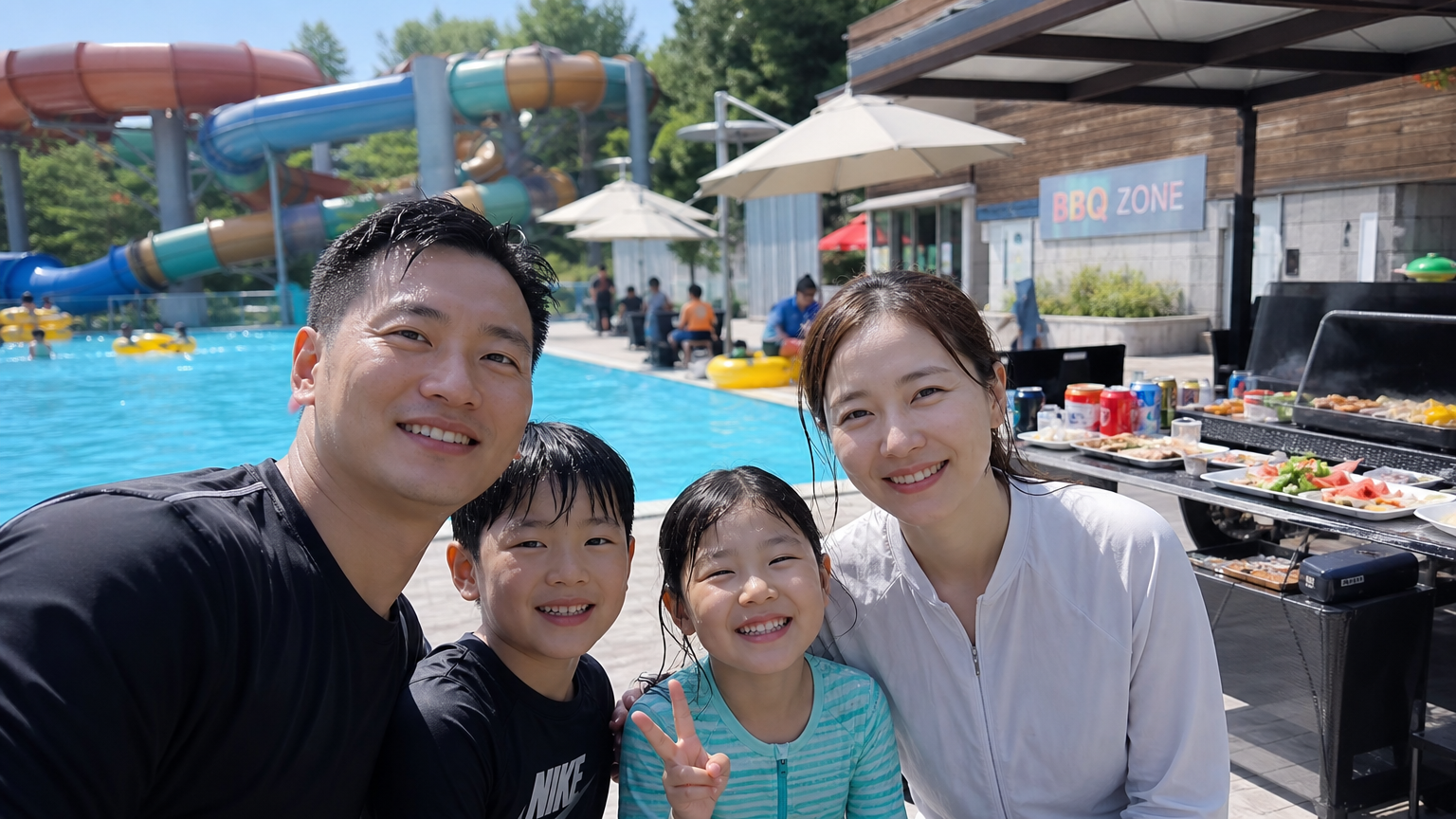 현대적인 한국 가족이 수영장 옆에서 바비큐를 즐기는 모습