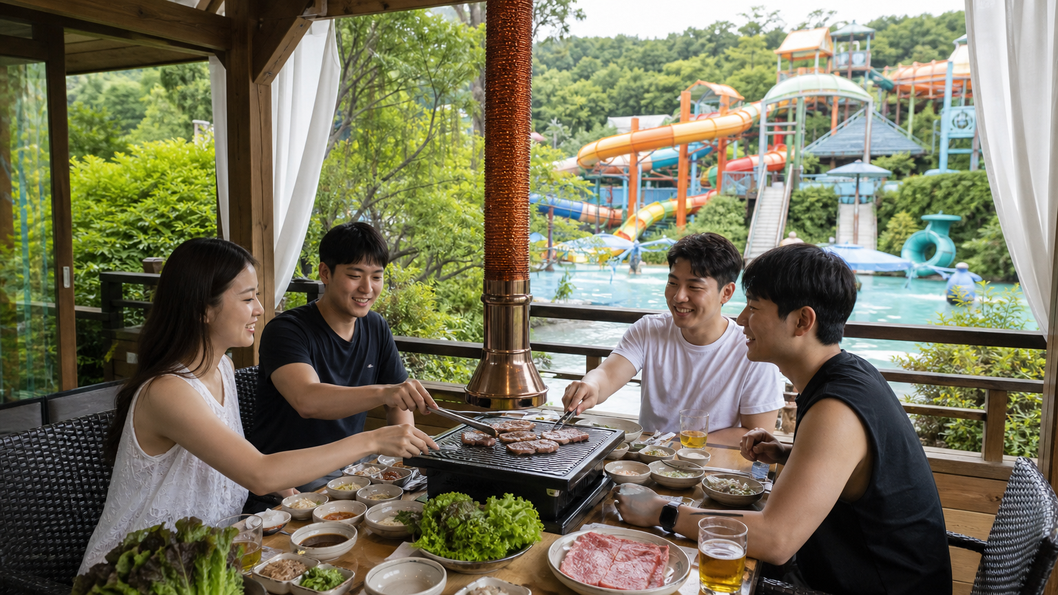 친구들이 자연 속 카바나에서 프리미엄 바비큐를 구워 먹는 장면