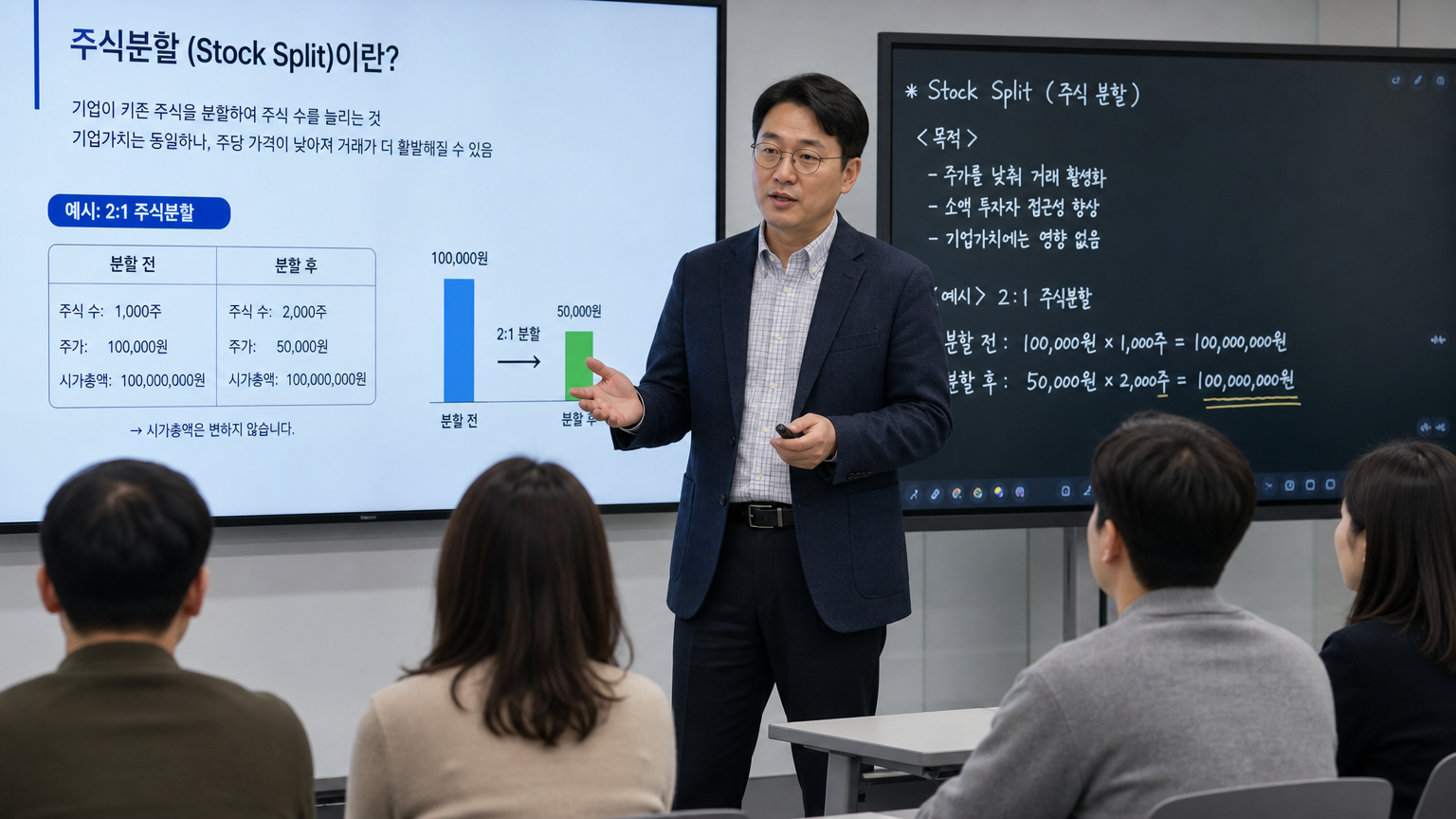 디지털 화이트보드를 사용하여 성인 학습자들에게 주식 액면분할 개념을 설명하는 재정 교수