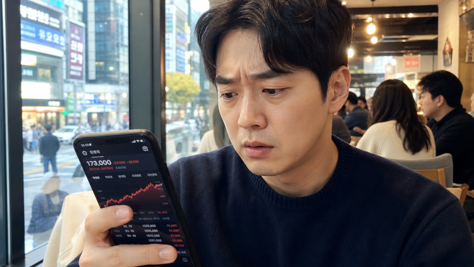 번화한 도심 카페에서 스마트폰 앱으로 높은 주가를 확인하며 걱정하는 한국인의 모습