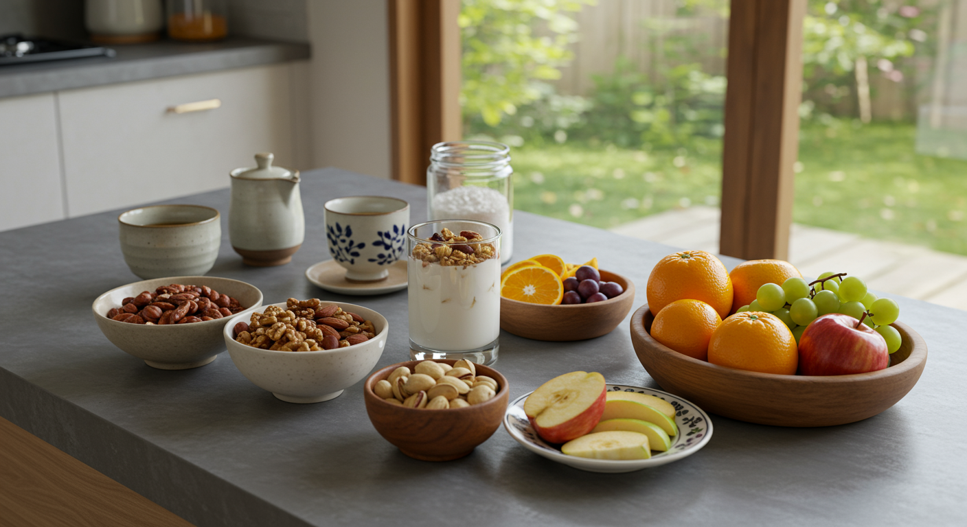 현대적인 한국 주방에서 건강한 저칼로리 간식을 다양하게 배치한 모습