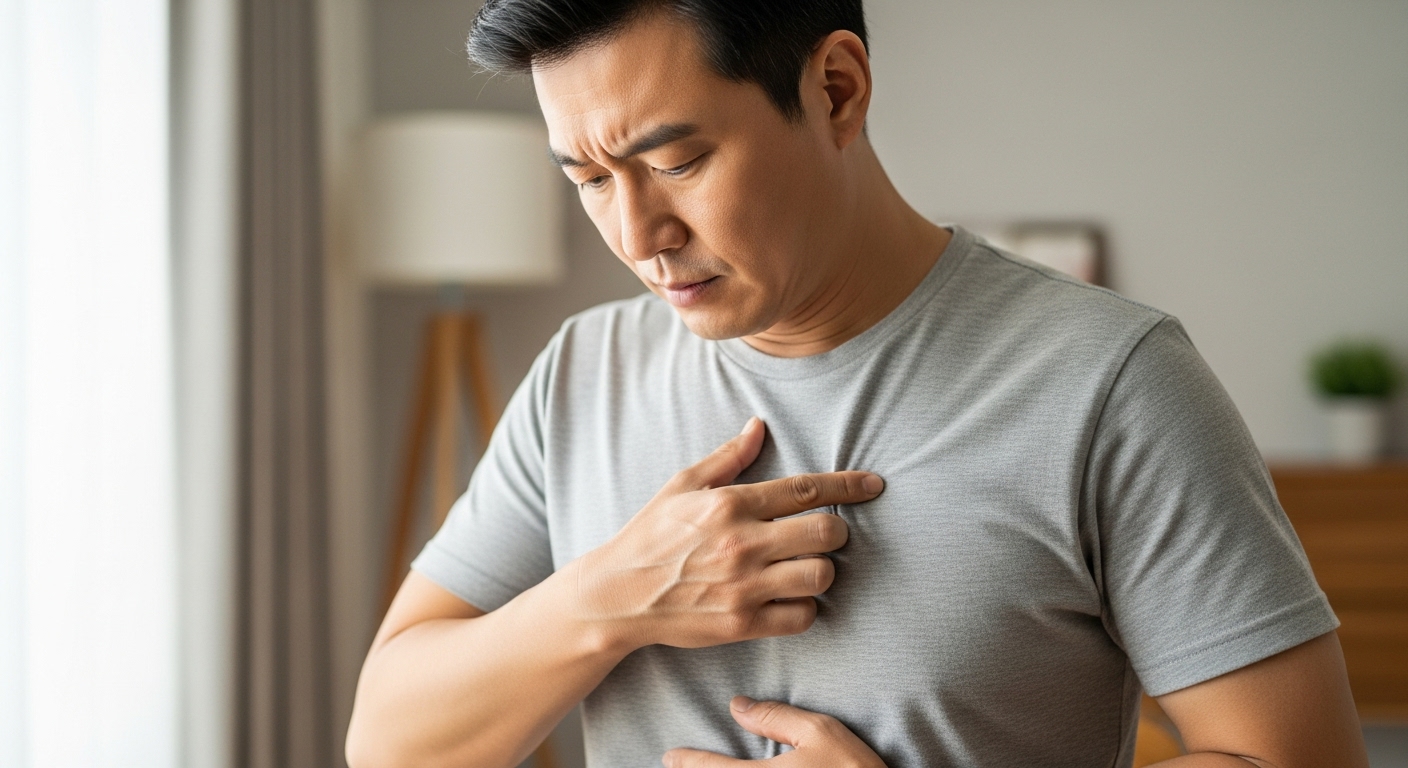 집에서 가슴 부위를 자가 진단하는 남성의 모습
