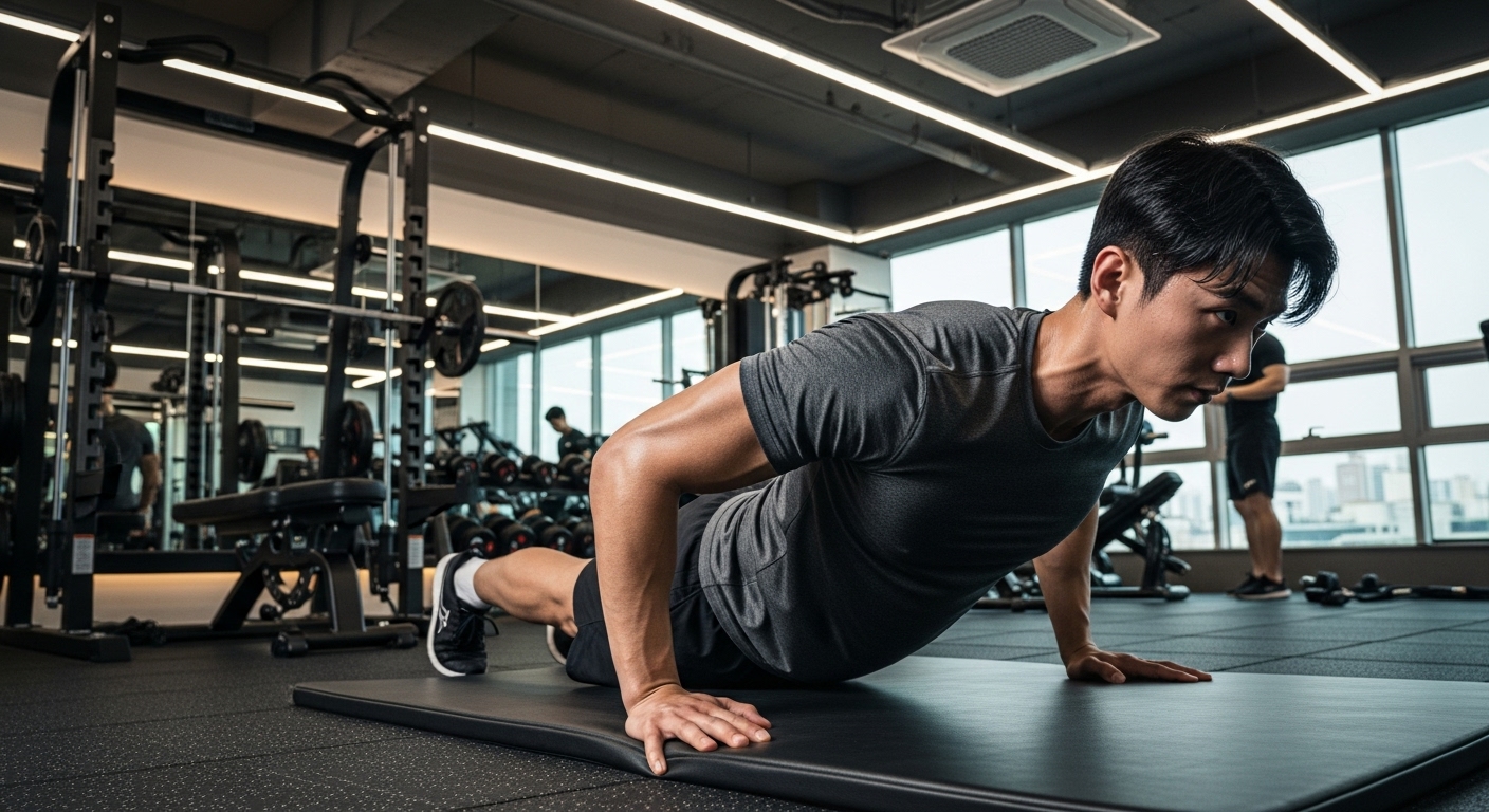 헬스장에서 푸쉬업과 벤치프레스를 하는 남성