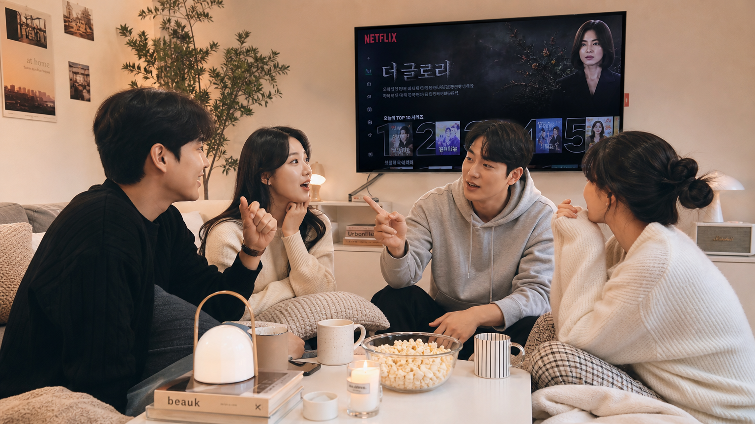 젊은 친구들이 편안한 거실에서 인기 넷플릭스 드라마에 대해 대화하는 모습
