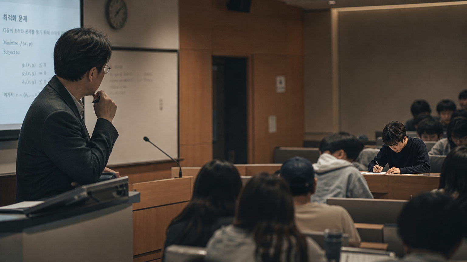 대학 강의실에서 뒷자리 학생의 글쓰기에 흥미를 가진 교수의 모습