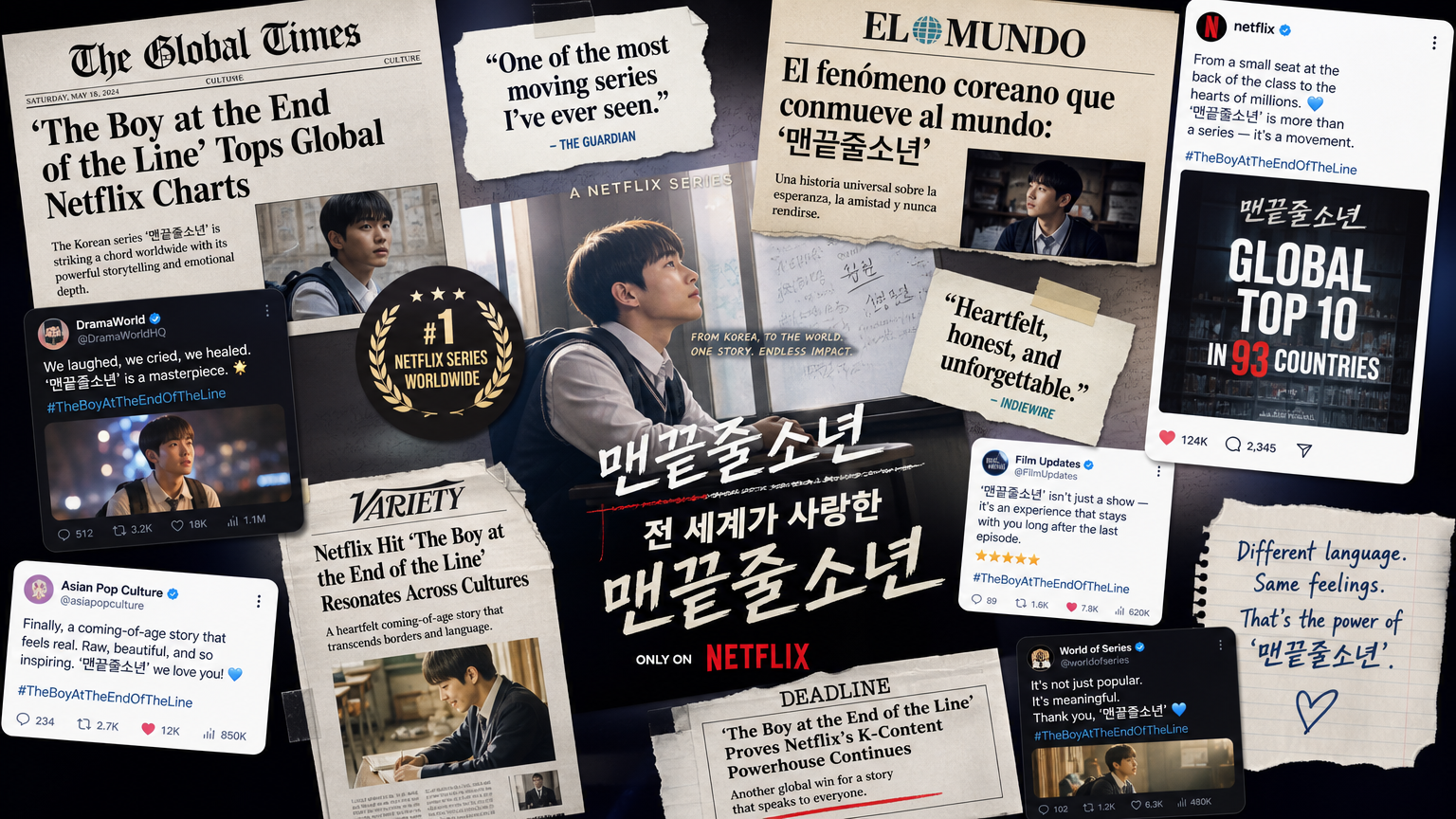 '맨끝줄소년'의 성공을 칭찬하는 신문 헤드라인과 SNS 포스트 몽타주