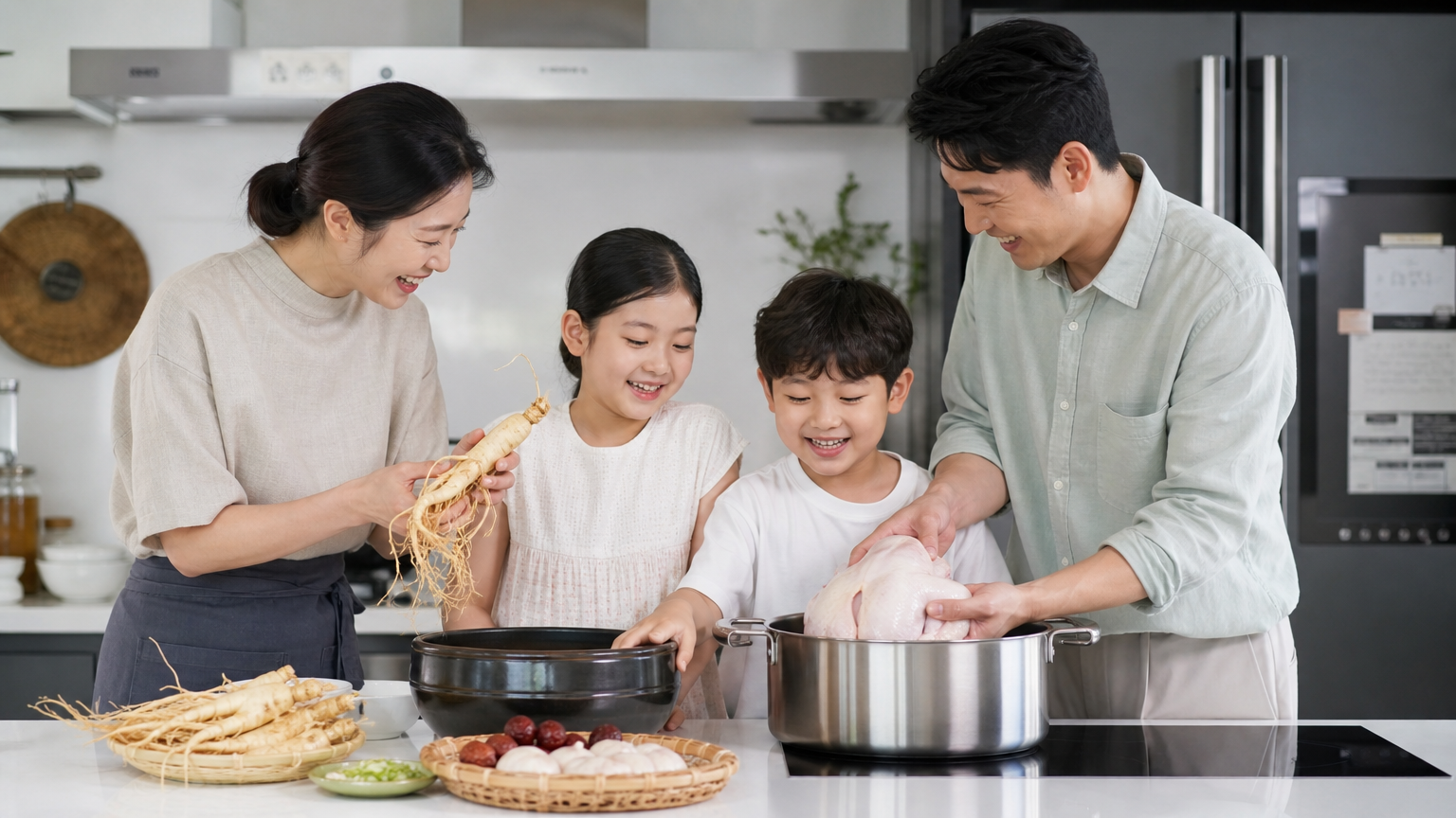 현대적인 주방에서 가족이 여름철 보양식을 준비하는 모습