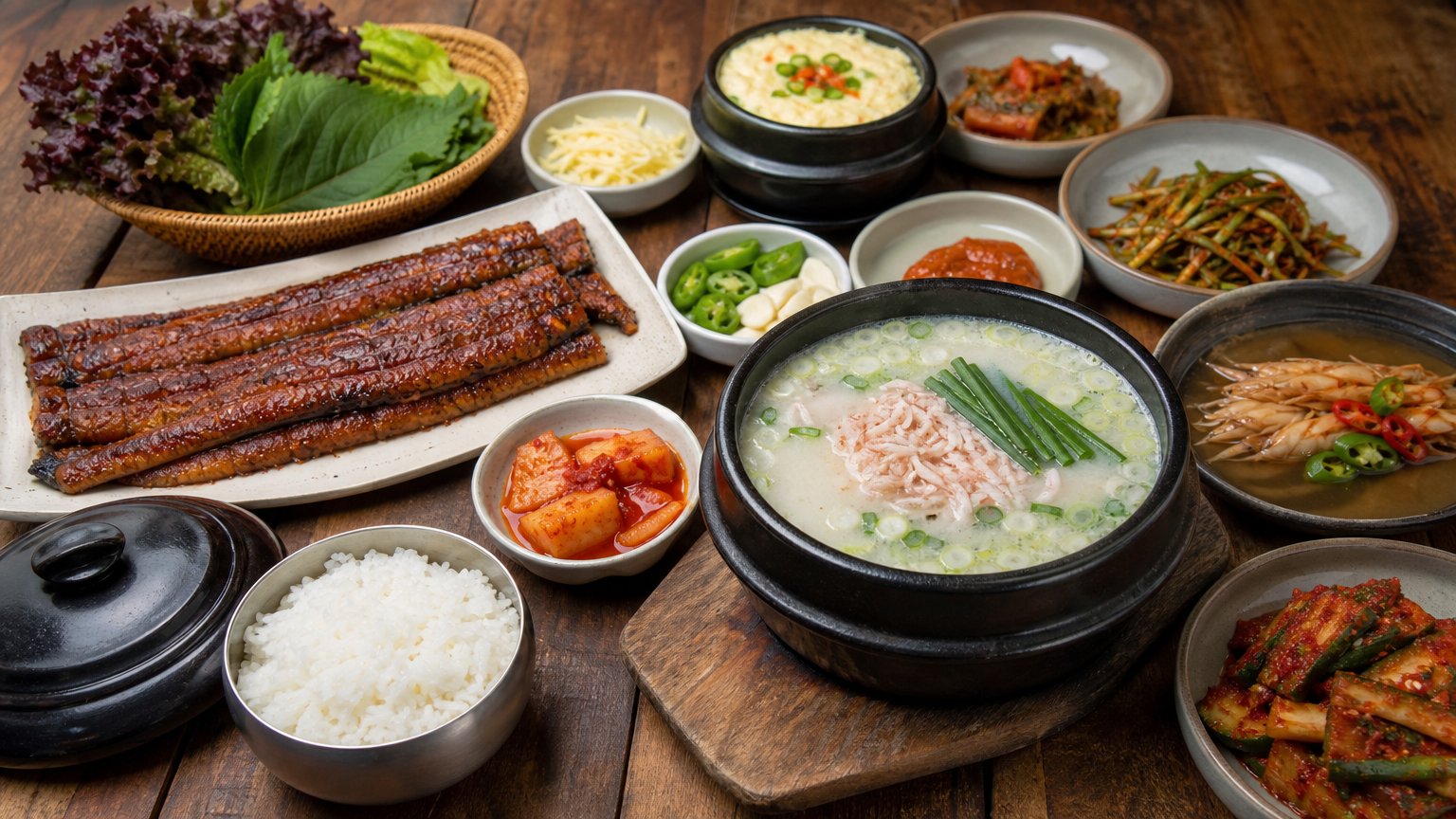 나무 테이블 위에 놓인 다양한 한국 전통 건강식들