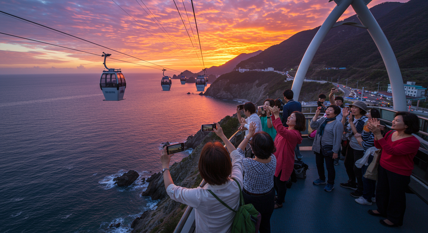 울릉도 스카이라일에서 일몰을 배경으로 사진을 찍는 관광객들