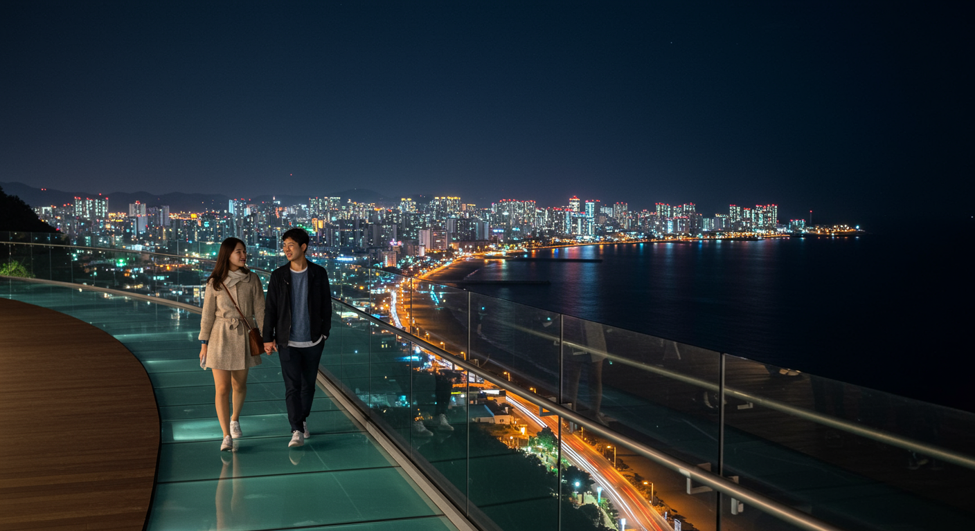 포항 영일대 해상 스카이워크에서 야경을 즐기는 커플의 모습