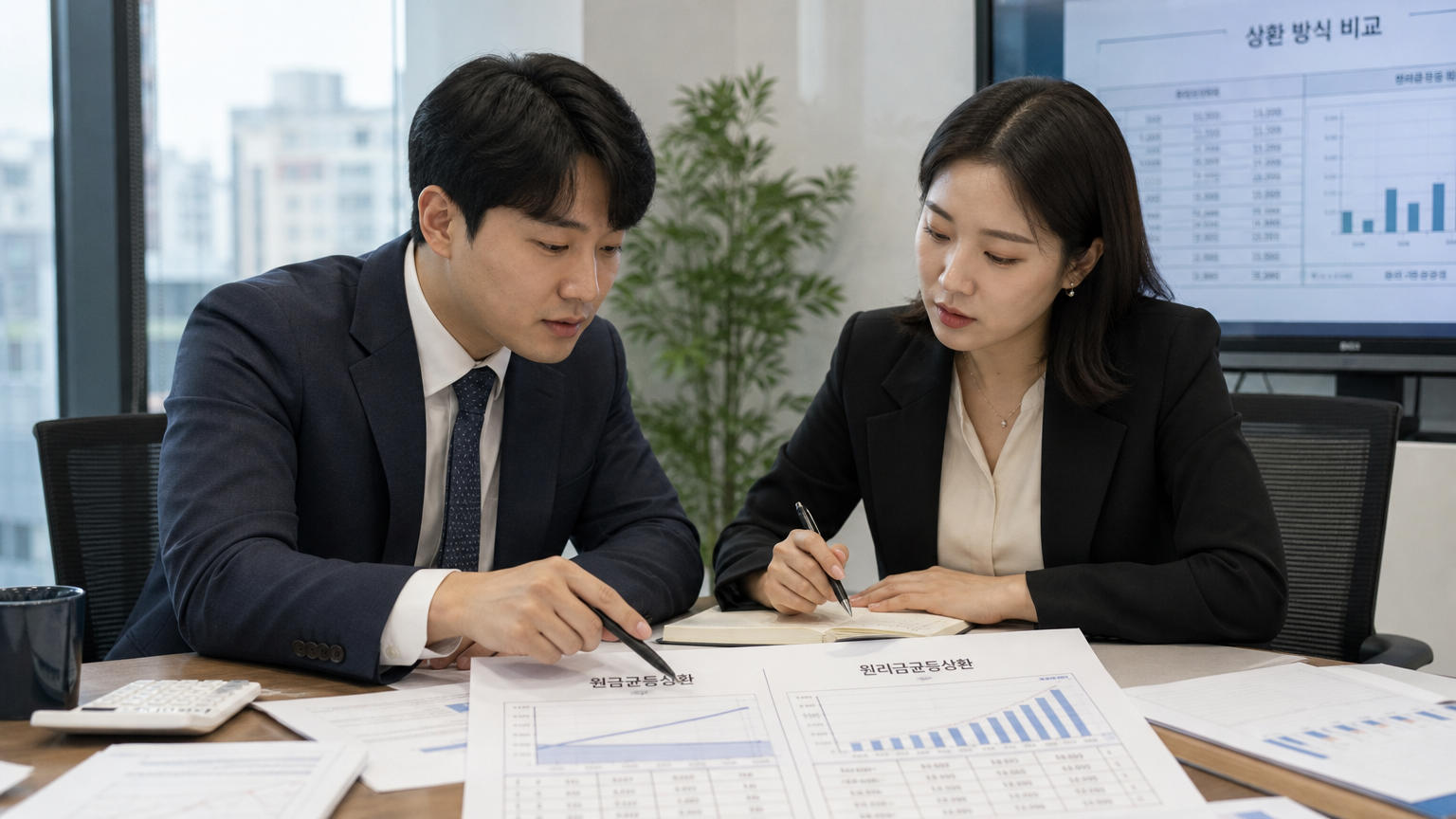 두 전문가가 상환 방식을 차트로 비교하며 회의 중인 모습