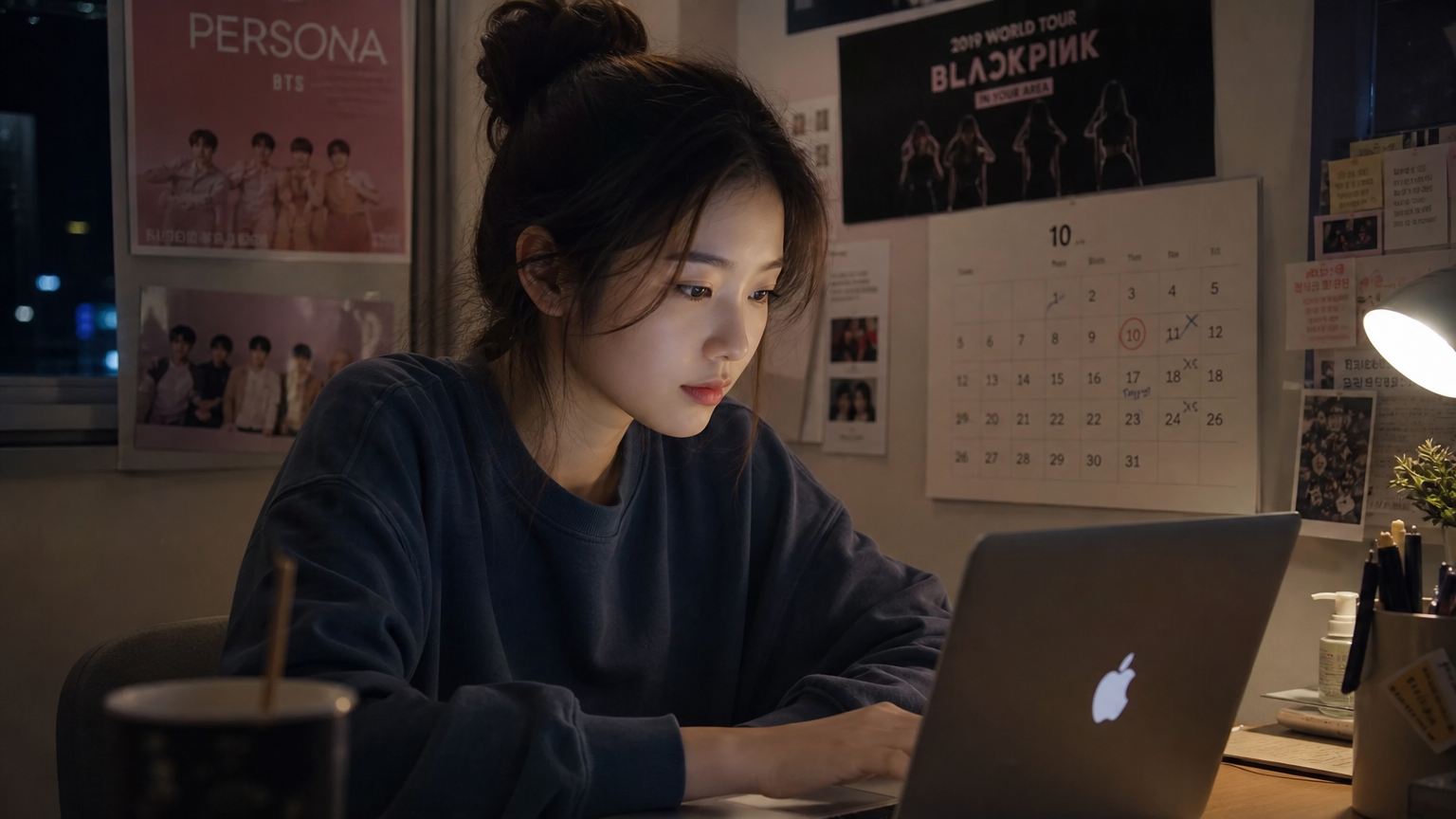 젊은 여성이 책상에 앉아 노트북을 통해 콘서트 티켓 예매 준비하는 모습