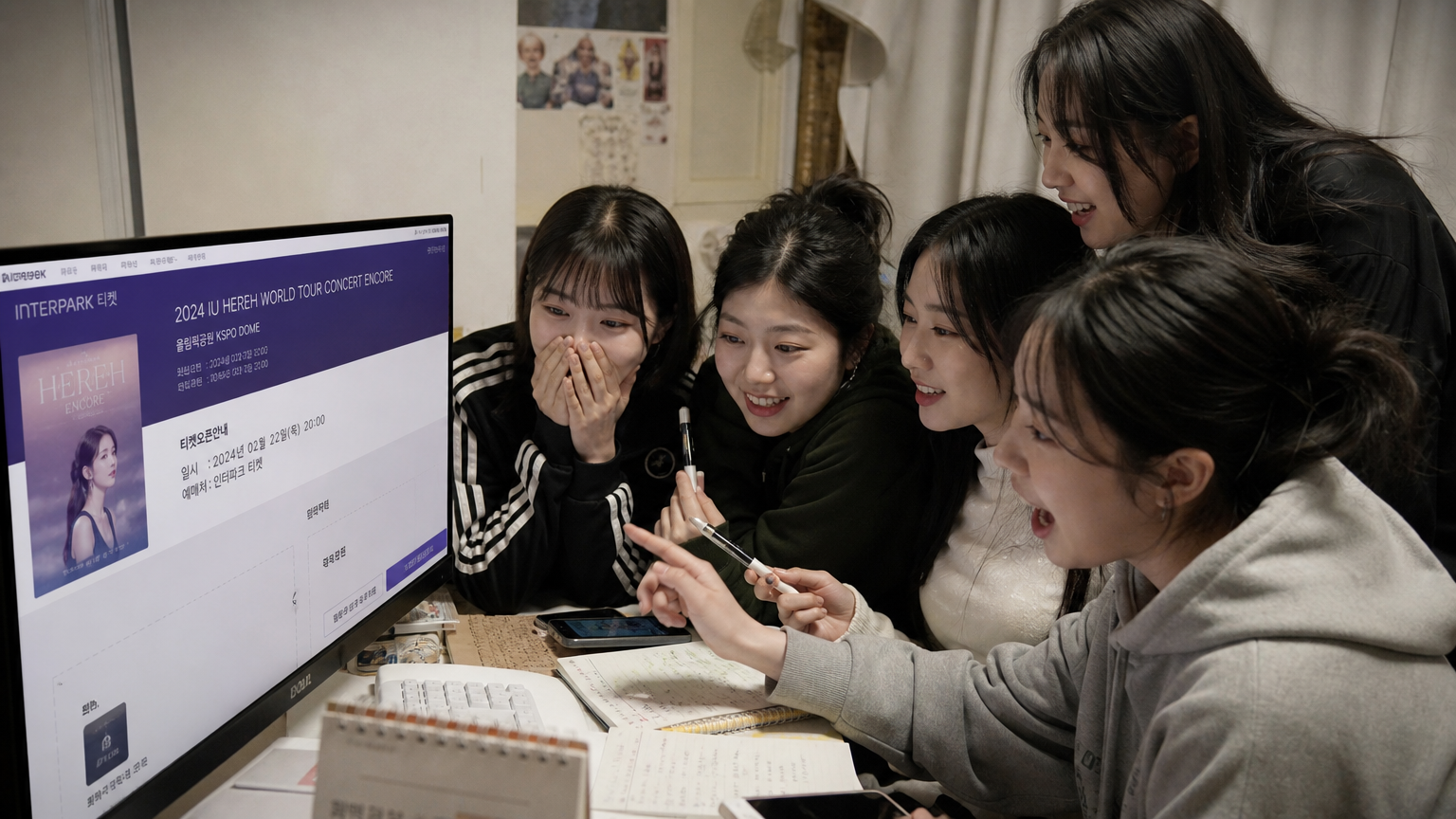 컴퓨터 화면 앞에서 콘서트 티켓팅 전략을 세우는 팬들의 활기찬 모습