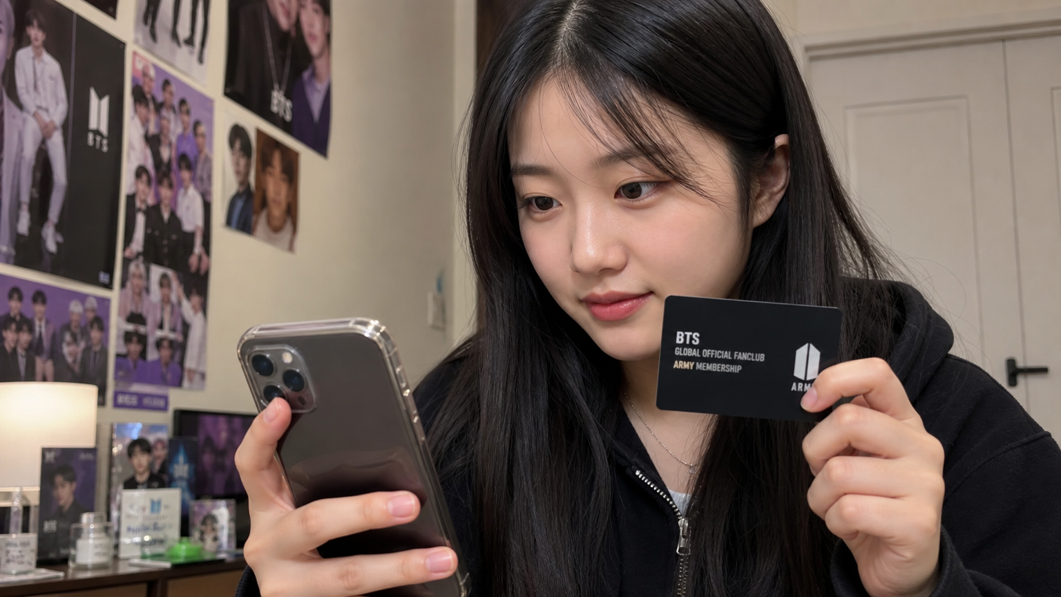 한국 팬이 공식 팬클럽 멤버십 카드와 함께 휴대폰으로 선예매 알림 확인하는 모습