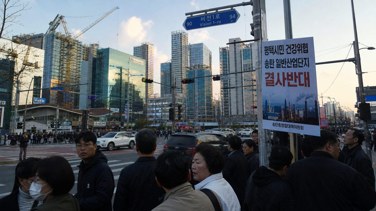 현대적인 고층 빌딩과 붐비는 거리 속에서 불안해하는 시민들의 모습