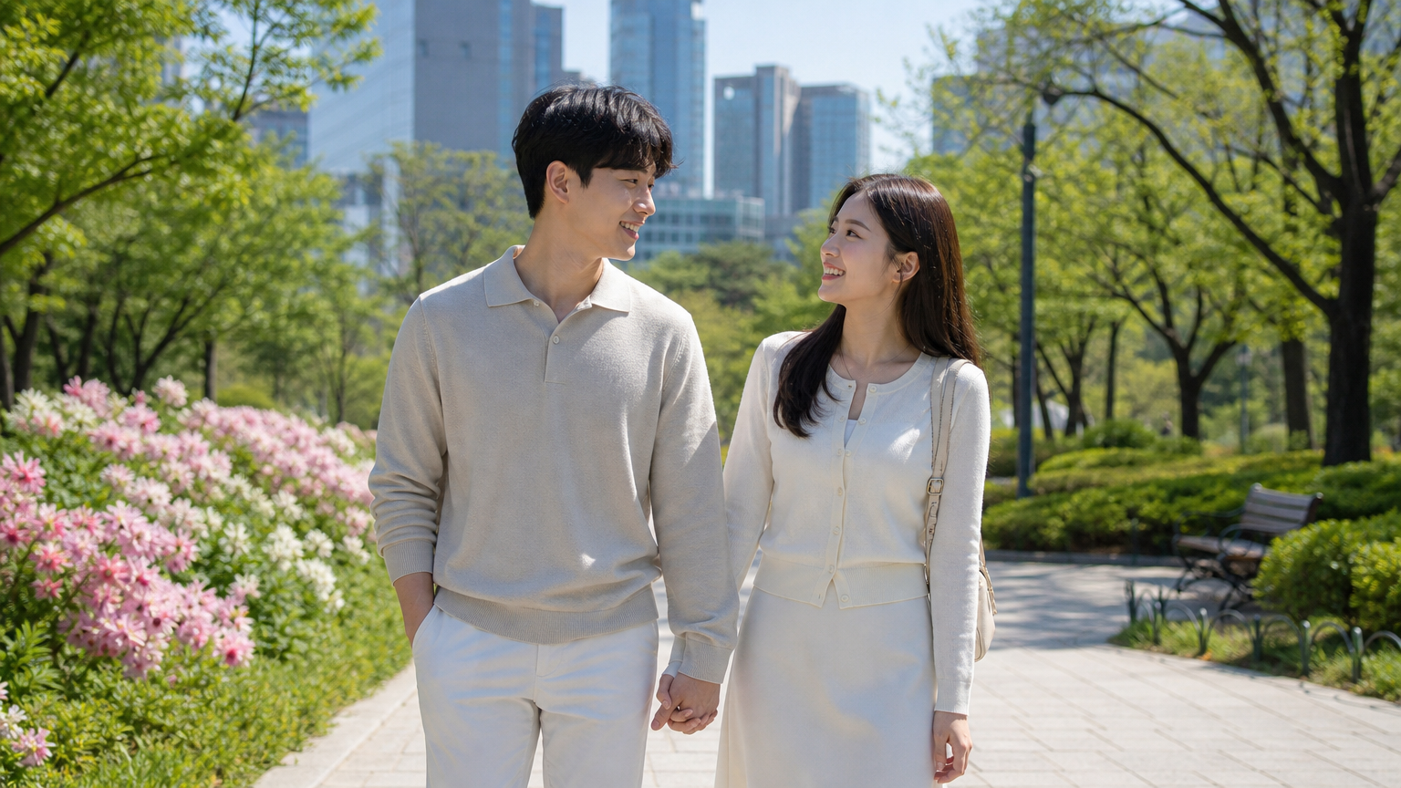 현대적인 한국 커플이 도시 공원에서 손을 잡고 미소 짓는 모습