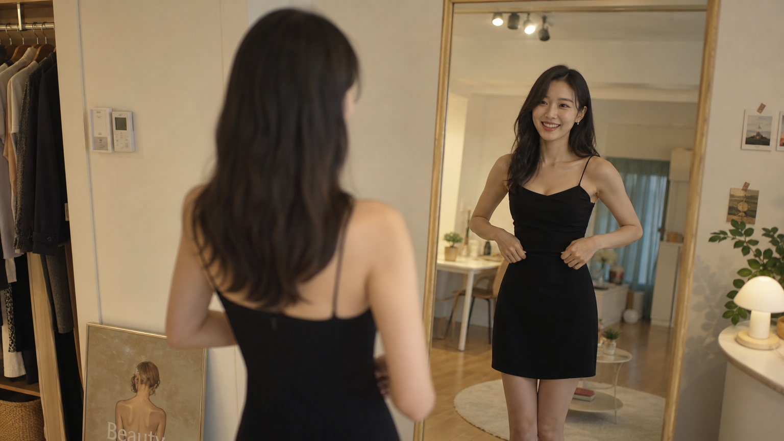 젊은 여성이 데이트 준비로 거울 앞에서 옷을 고르는 모습