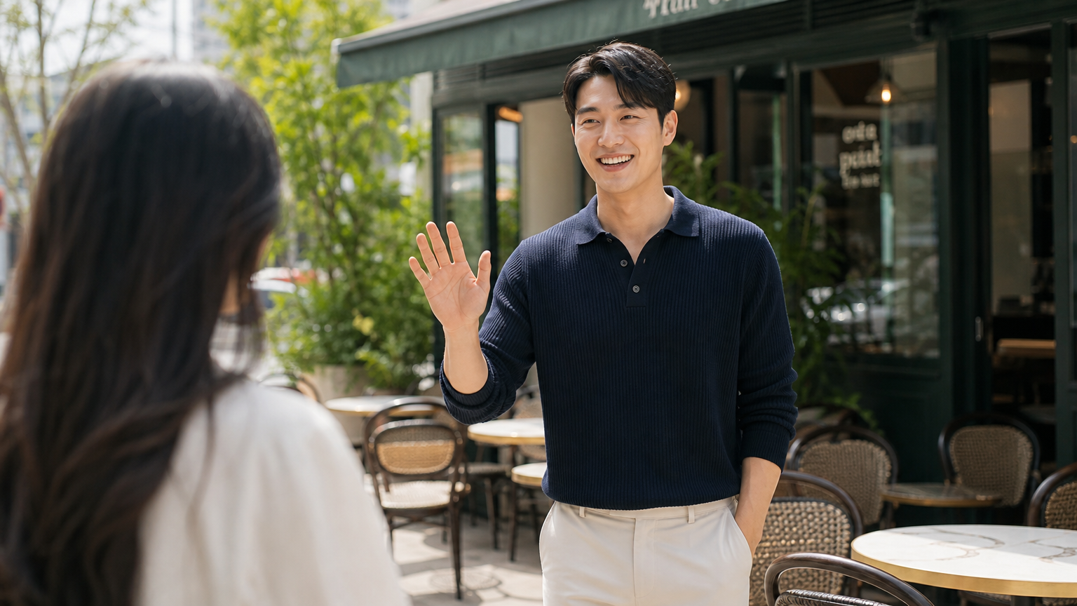스마트 캐주얼 복장의 남성이 카페에서 따뜻하게 인사하는 모습