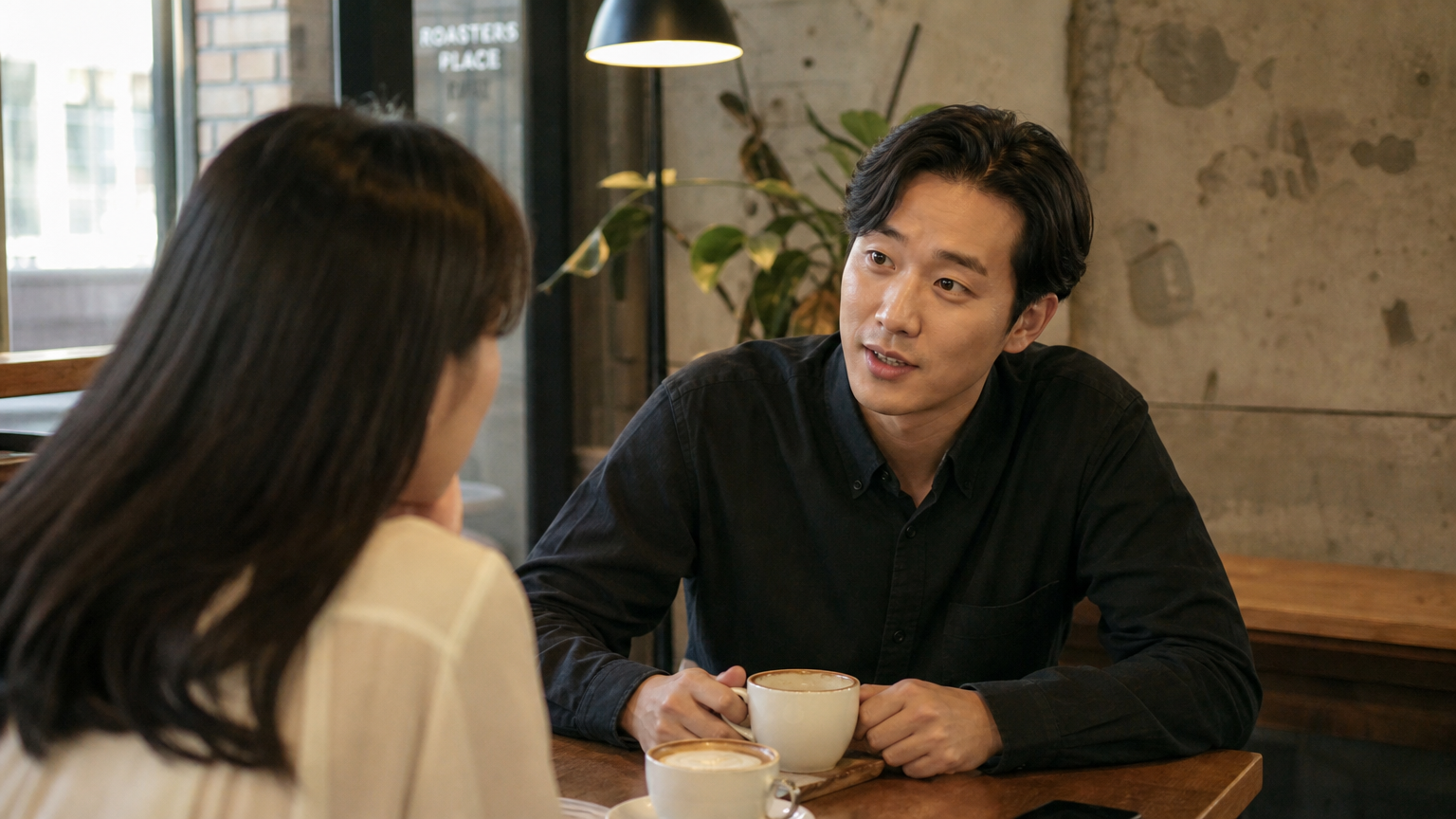 카페 테이블에서 대화를 나누며 관심 있게 듣고 있는 두 사람