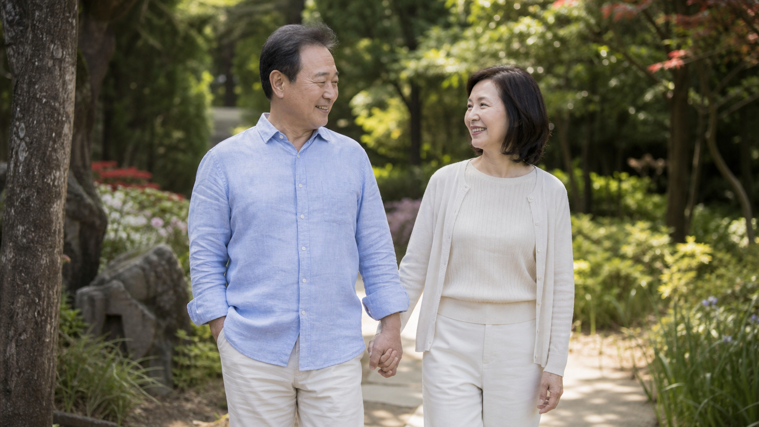 성숙한 한국인 커플이 평화로운 정원에서 손을 잡고 걷는 모습