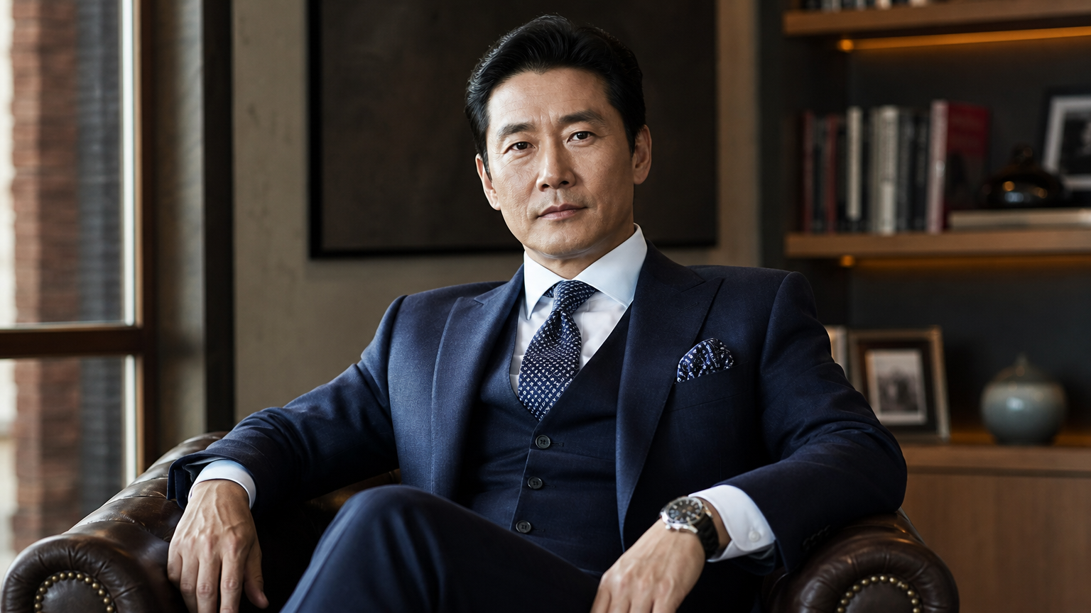 네이비 쓰리피스 수트를 입고 있는 중후한 남성