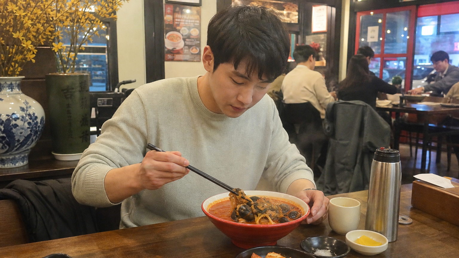 현대적인 중식당에서 짬뽕을 혼자서 즐기는 사람