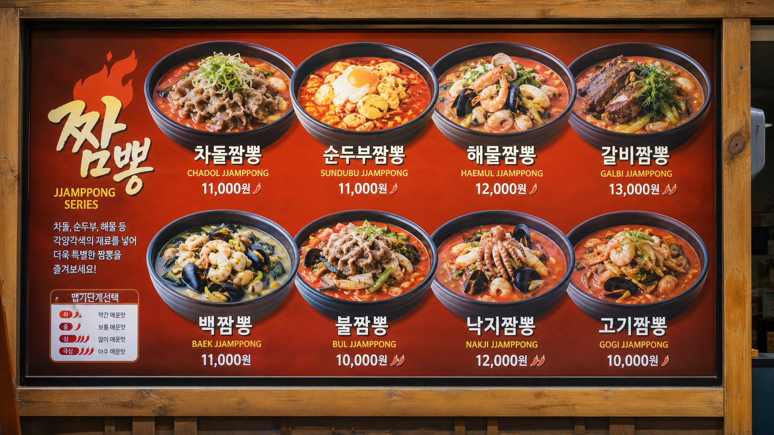 다양한 종류의 짬뽕이 메뉴판에 진열된 모습